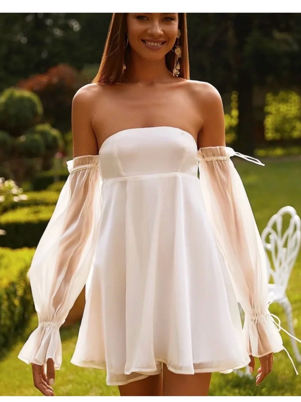Alamour The Label Strapless White Mini Dress with Sheer Puff Sleeves